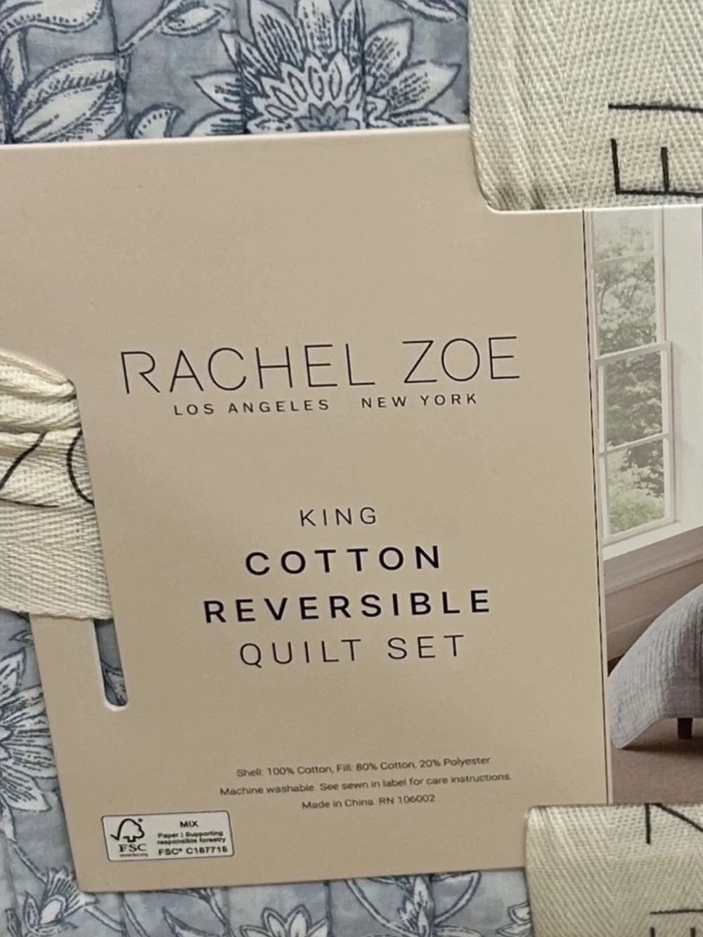 Rachel Zoe Blue and White King Cotton Floral Reversible Quilt Set 106”x92”